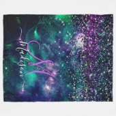 donkerdonkergroene paarse faux glitter monogram fleece deken (Voorkant (Horizontaal))