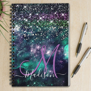 donkerdonkergroene paarse faux glitter monogram notitieboek