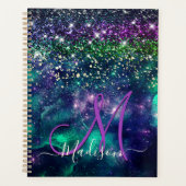 donkerdonkergroene paarse faux glitter monogram planner (Voorkant)