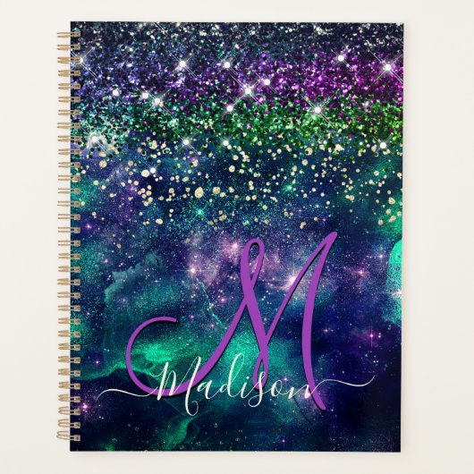 donkerdonkergroene paarse faux glitter monogram planner (Voorkant)