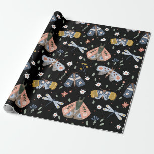 Donkere Academia Moth Floral in het zwart Cadeaupapier