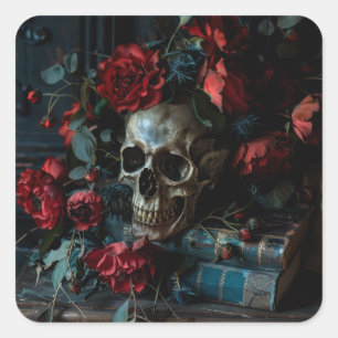 Donkere Academia Schedel Bloemen Vierkante Sticker