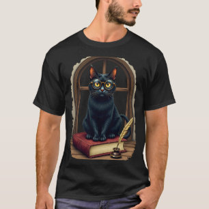 Donkere Academische Kattenlezer Bril Veer Biblioth T-shirt