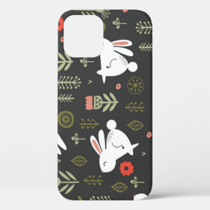 Donkere achtergrond, witte konijnen, bloemige vint iPhone 12 hoesje