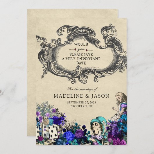  Donkere Alice in Wonderland Wedding Save The Date (Voorkant / Achterkant)