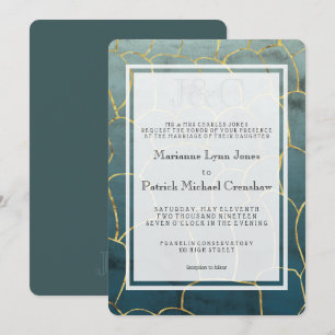 Donkere Aquamarine Goldvein Modern Wedding Kaart