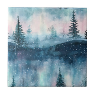 Donkere Aurora Borealis Nacht Bos Tegeltje