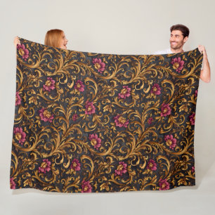 Donkere barokke bloem met gouden krullen fleece deken