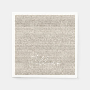 Donkere beige linnen verbinding, witte naam Timele Servet