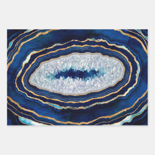 Donkere blauwe geode en gouden digitale kunst inpakpapier vel