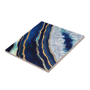 Donkere blauwe geode en gouden digitale kunst tegeltje