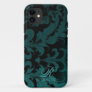 Donkere Blauwgroen Damask Monogram-draagtas iPhone 11 Hoesje