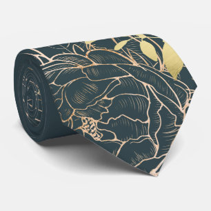 Donkere Blauwgroen en Faux Gold Peony Modern Flora Stropdas