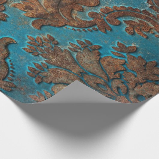 Donkere Blauwgroen en Rust Damask Cadeaupapier (Hoek)