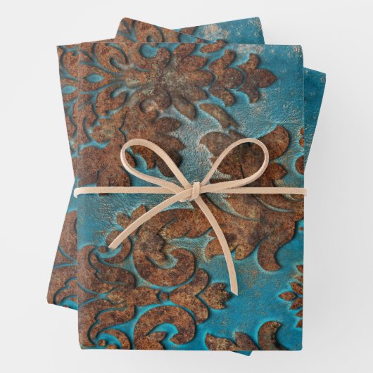 Donkere Blauwgroen en Rust Damask Inpakpapier Vel (In situ)