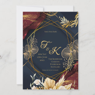Donkere bloemige monogram Save the Date Marine b Kaart
