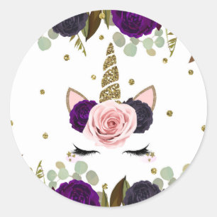 Donkere Bloemrijke Glamour Gouden Glitter Eenhoorn Ronde Sticker