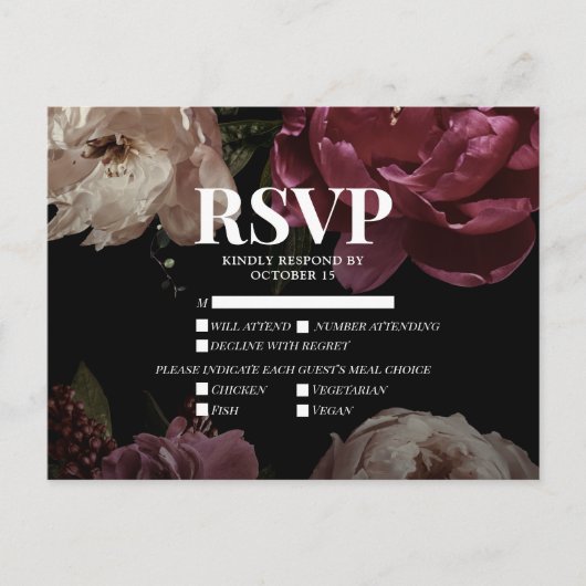 Donkere blush Bourgundy Meal Choices Weddenschap R Uitnodiging Briefkaart (Voorkant)