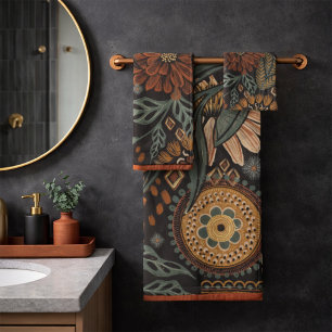 Donkere Boho Terracotta Salie Botanische Patroon Bad Handdoek