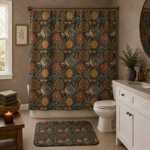 Donkere Boho Terracotta Salie Botanische Patroon Badmat