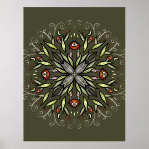 Donkere bosgroene Goblincore paddestoelogen Trippy Poster