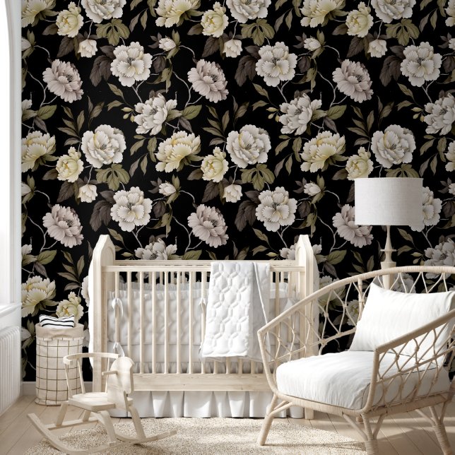 Donkere Botanische Bloemschil en Stok Behang (Kinderen)