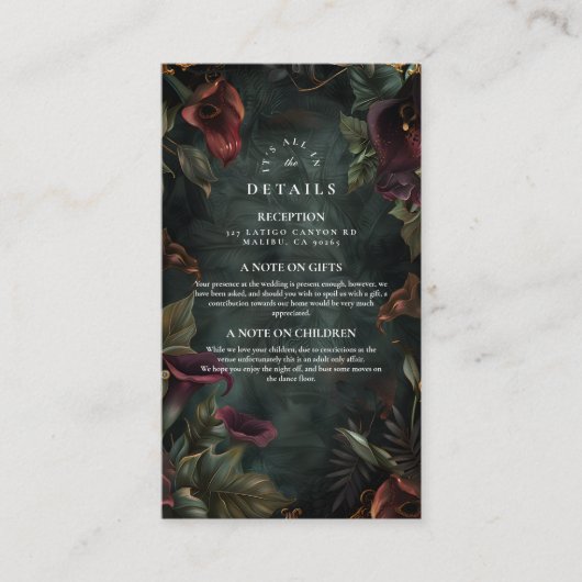 Donkere botanische bruiloft esthetiek informatiekaartje (Voorkant)