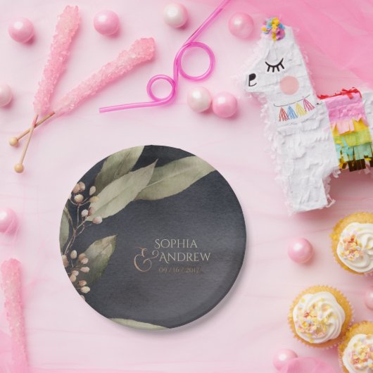 Donkere botanische bruine bruiloft papieren bordje (Feest)