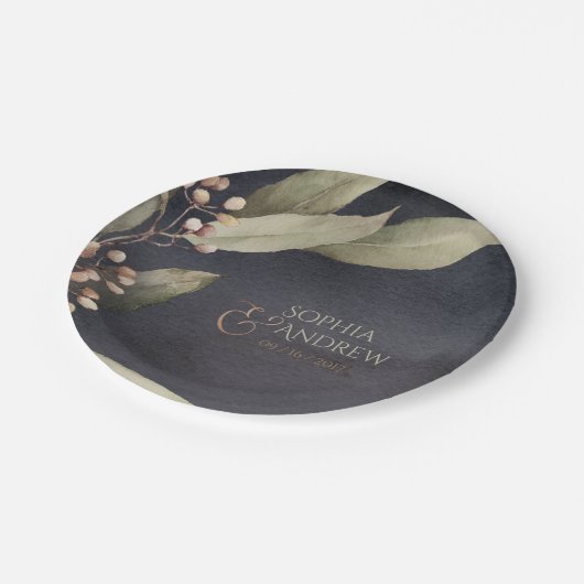 Donkere botanische bruine bruiloft papieren bordje (Gekanteld)