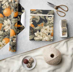 Donkere botanische oranje bloesem cadeaupapier