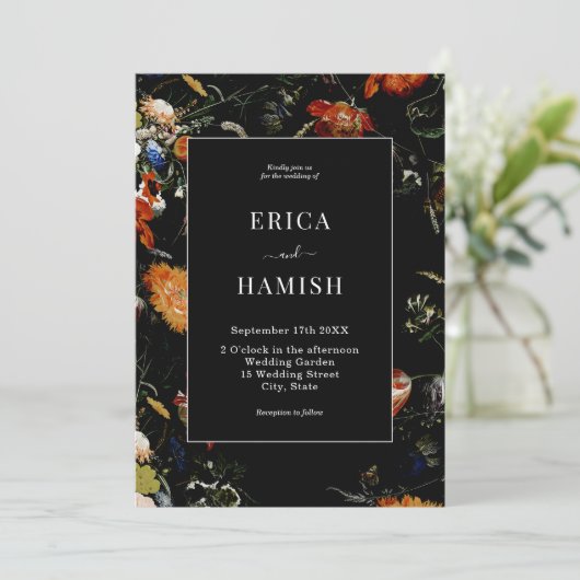 Donkere Botanische Romantische Bloemige Bruiloft Kaart (Staand voorkant)