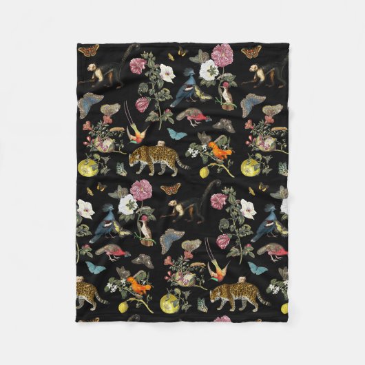Donkere Botanische Wilde Dieren in Bos Fleece Deken (Voorkant)