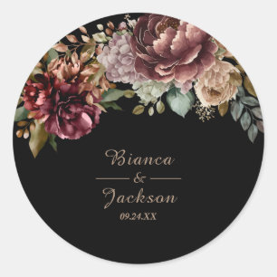 Donkere Bourgondische Waterverf Bloemen Huwelijksg Ronde Sticker