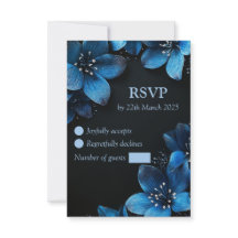 Donkere bruiloft RSVP kaart glitter blauwe bloemen