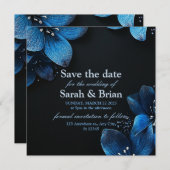 Donkere bruiloft save the date glitter blauwe bloe (Voorkant / Achterkant)