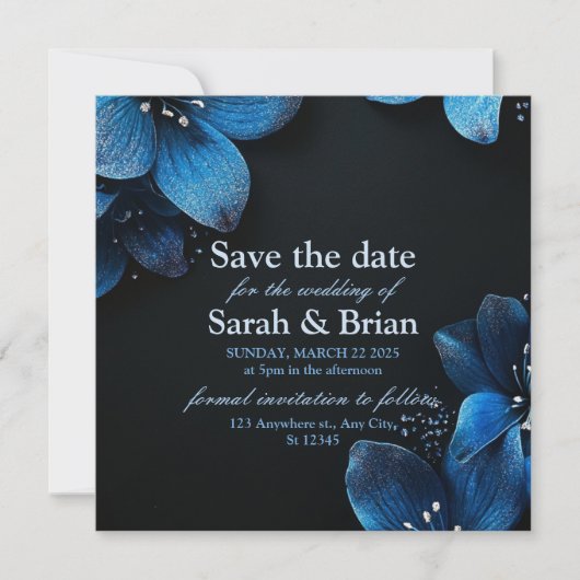 Donkere bruiloft save the date glitter blauwe bloe (Voorkant)