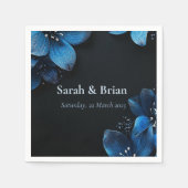 Donkere bruiloft servetten glitter blauwe bloemen (Voorkant)