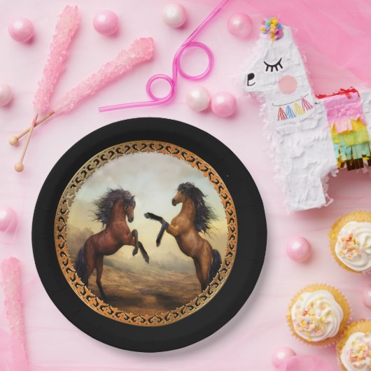 Donkere bruine en lichte bruine ontwerppaarden papieren bordje (Feest)