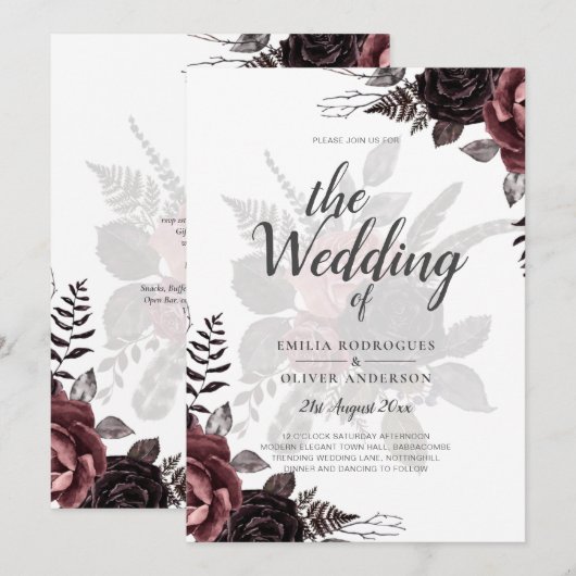 Donkere Burgundy Zwarte Rozen Bruiloft Herfst Wint Kaart (Voorkant / Achterkant)