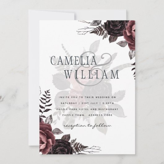 Donkere Burgundy Zwarte Rozen Bruiloft Herfst Wint Kaart (Voorkant)