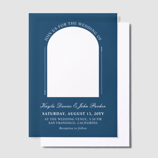 Donkere Cerulean Arch Peekaboo informele bruiloft Vellum Uitnodigingen (Offset)