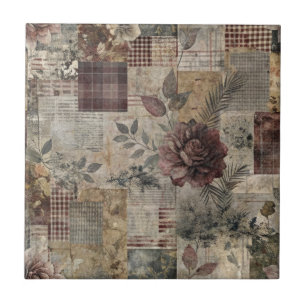 Donkere Cottage Bloemenpatchwork -Burgundy & Houts Tegeltje