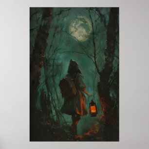 Donkere Cottagecore Bos Meisje Kunstprint, Volle M Poster