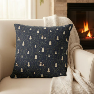 Donkere Cottagecore Sneeuwman Middenblauw Kerstmis Kussen