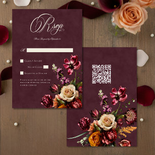 Donkere Elegante Herfst Bloemrijke Bourgogne Trouw RSVP Kaartje