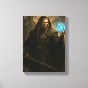 Donkere elfafbeelding met gloeiende blauwe magisch canvas afdruk