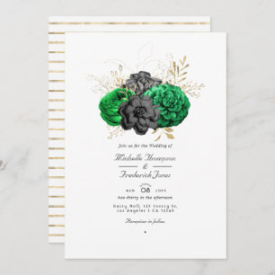 Donkere Emerald en Gold Floral QR-code RSVP Wedden Kaart