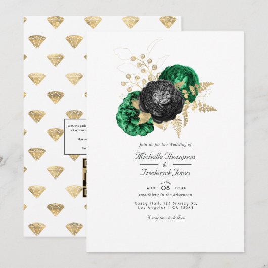 Donkere Emerald en Gold Floral QR-code RSVP Wedden Kaart (Voorkant / Achterkant)