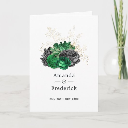 Donkere Emerald en Gold Floral Wedding Programma (Voorkant)