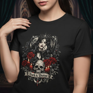 Donkere en goddelijke gotische schedel en rozen t-shirt